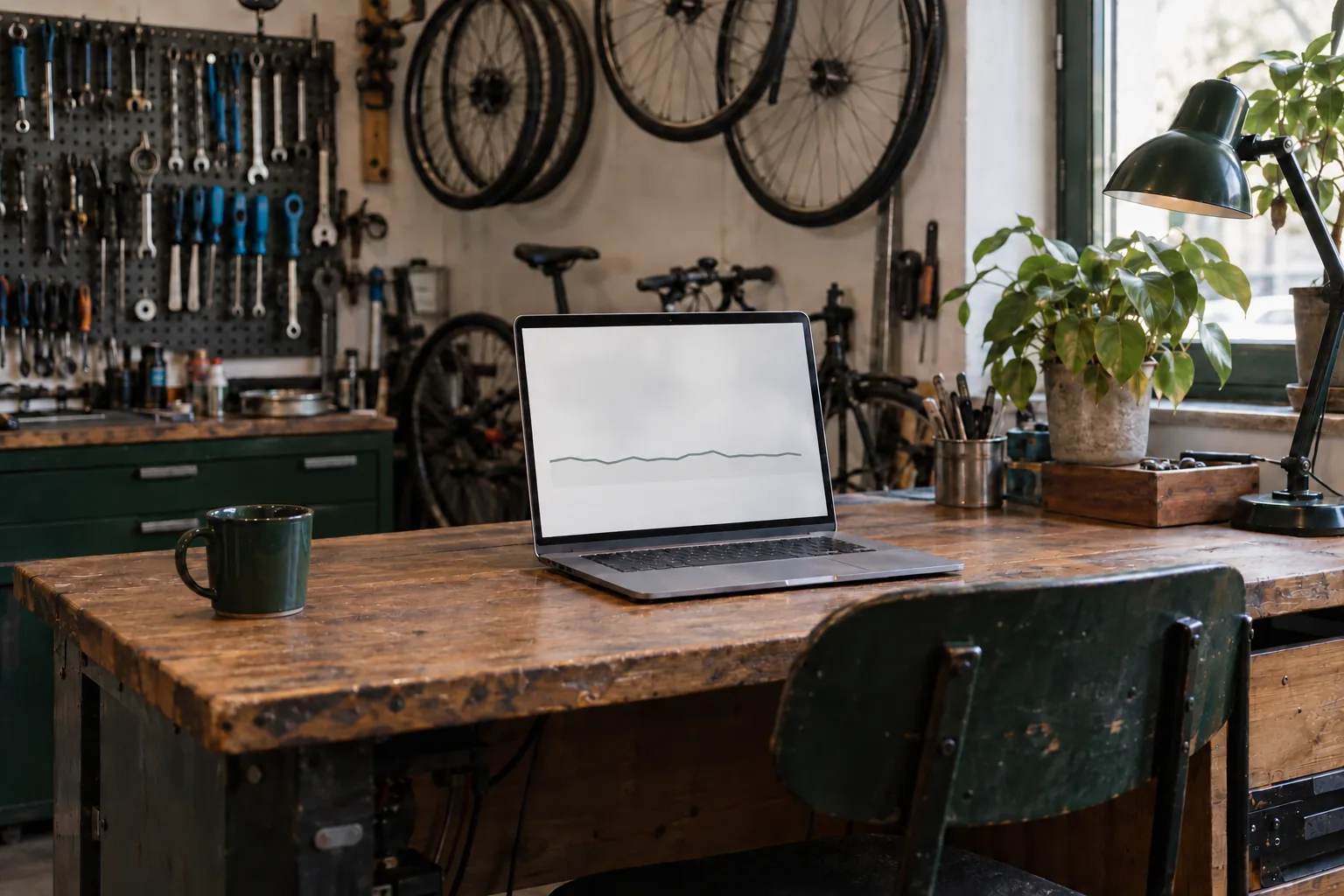 Biurko w warsztacie rowerowym: laptop z płaskim, niskim wykresem
