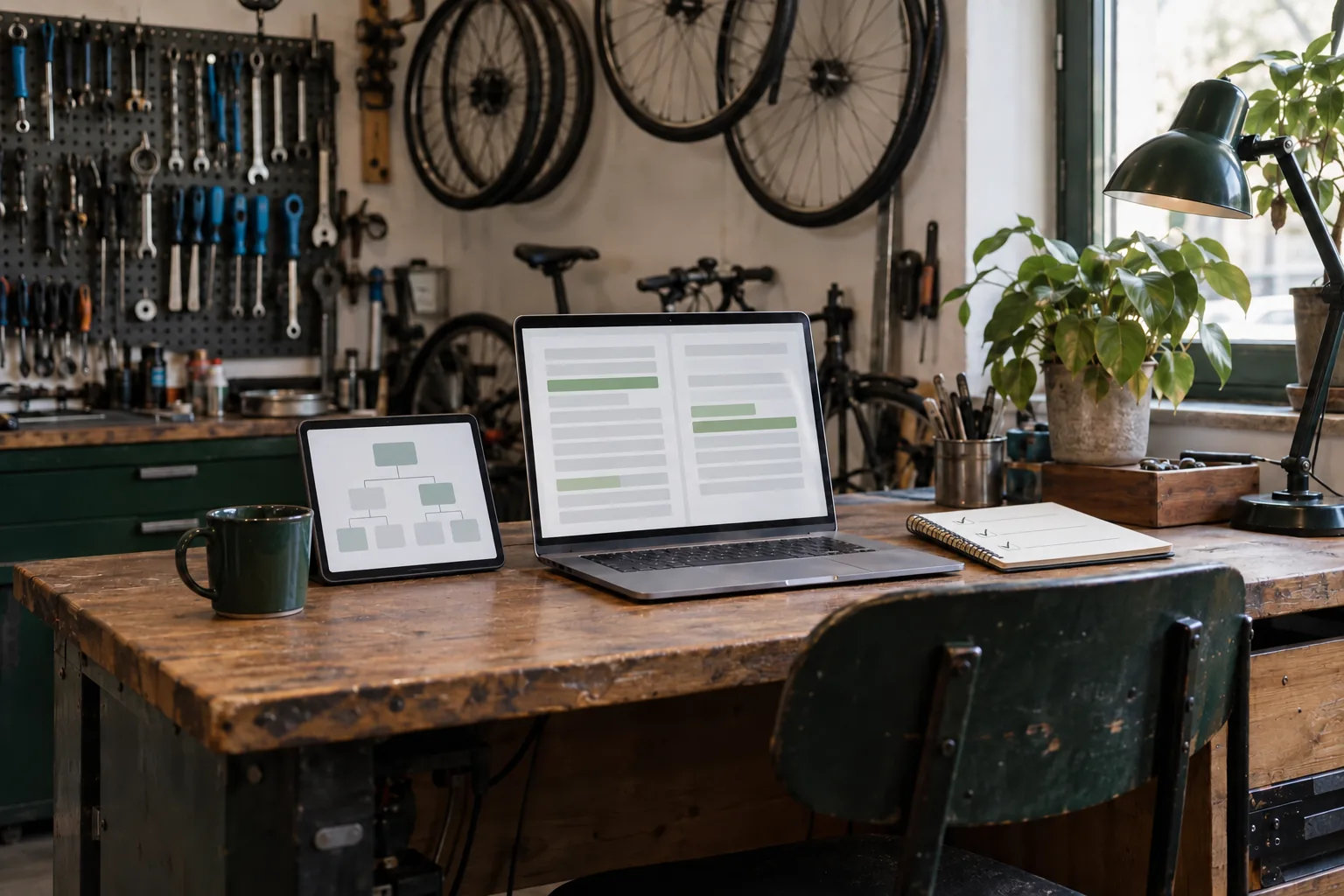 To samo biurko: laptop i tablet z porządkowaną listą i schematem stron