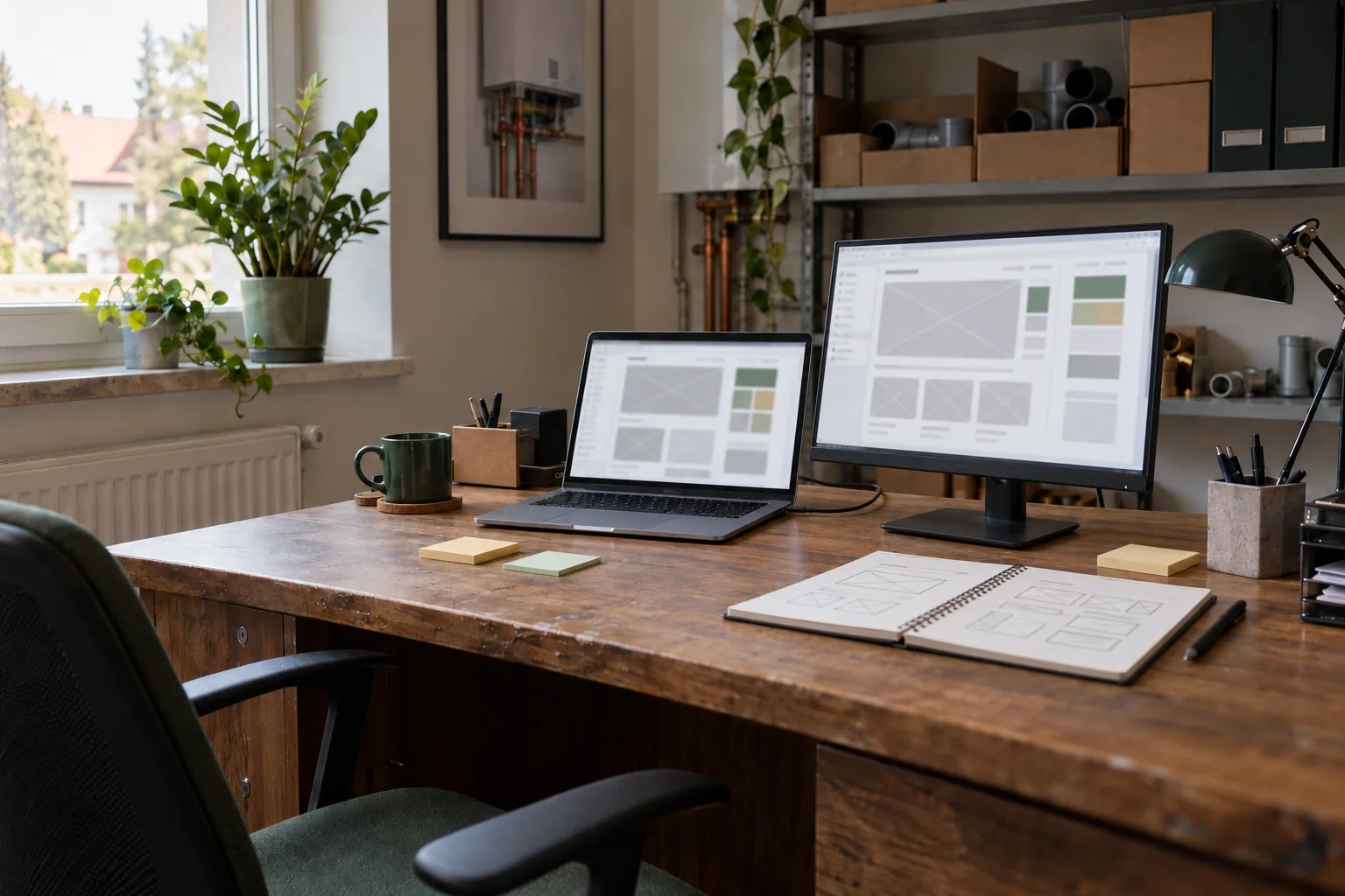 To samo biurko: laptop i duży monitor z makietą nowej strony